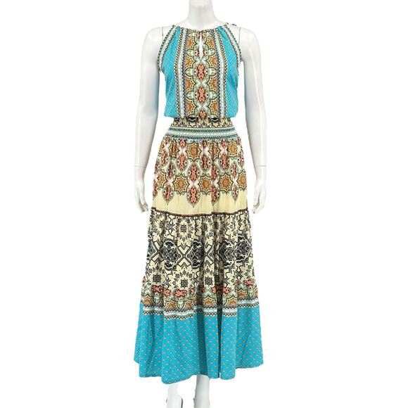 Hale Bob Dress Womens XXS Blue Tan Kagami Tiered Maxi Sleeveless Tassels Boho - Picture 1 of 9
